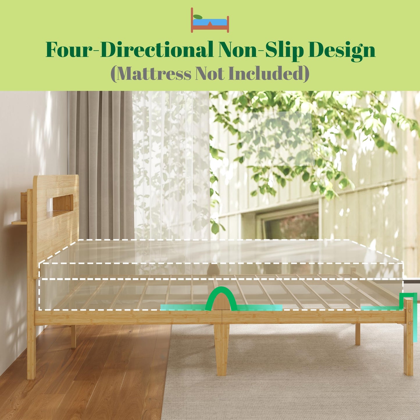 Askeld Wood Full Bed Frame with Storage Shelf Headboard, 14 Inch High Bamboo Platform Bed No Box Spring Needed, Mid-Century Heavy Duty Bedframe, Easy Assembly, Noise Free
