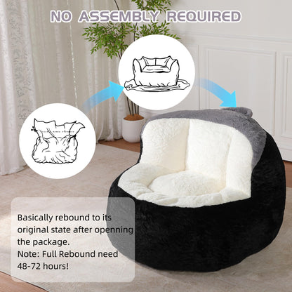 Oversized Bean Bag Chairs,Multicolor Faux Fur Couch Filled with Shredded Sponge,Large Lounger Sofa for Living Room,No Assembly Required, Black+White+Grey