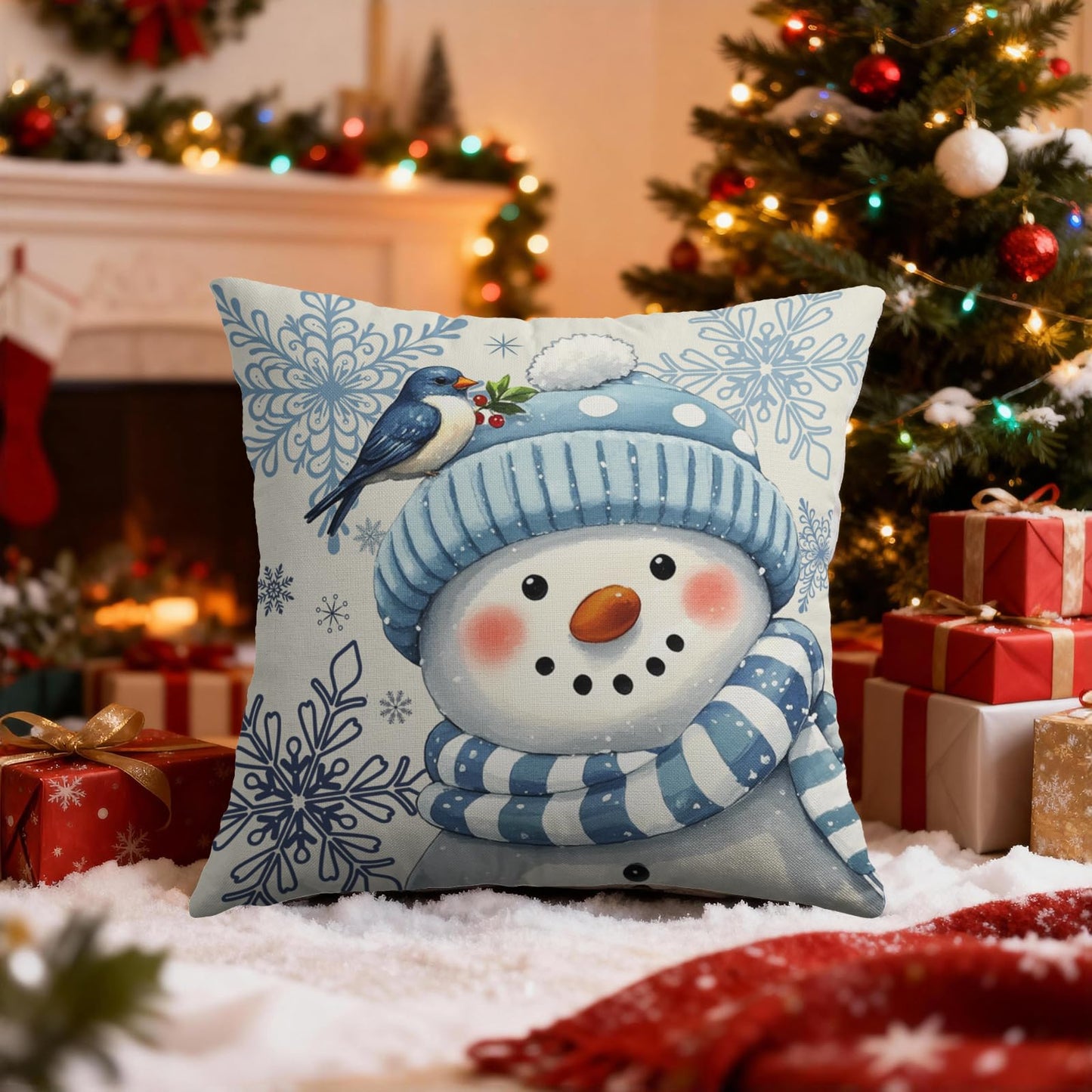 Smozenith Winter Pillow Covers 18X18 Set of 2, Blue Snowman Bird Snowflakes Decorative Throw Pillowcases Outdoor Holiday Seasonal Farmhouse Cushion Cases Couch Sofa Bed Decor