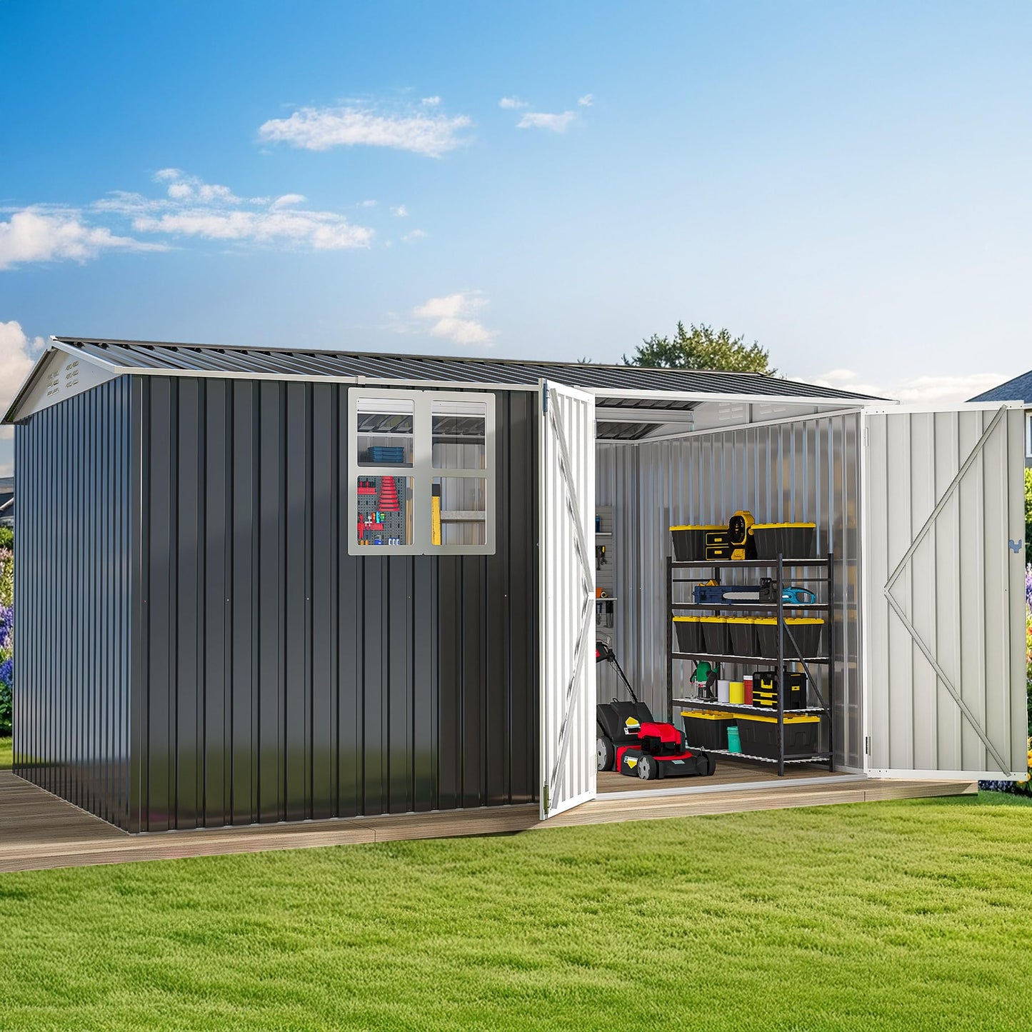 DWVO 12x8ft Large Tool Storage Shed with Window, Lockable Doors, and Sloped Roof, Oversized Steel Outdoor Storage Shed for Garden, Patio, Garage, Backyard, Lawn(Gray + White)