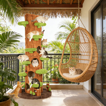 NUNU LAB Large Cat Tree for Indoor Cats – Multi-Level Solid Wood cat Tree Tower with Sisal Scratching Posts, Jumping Platforms, Plush Perches & Spring Toys for Multi-Cat Homes