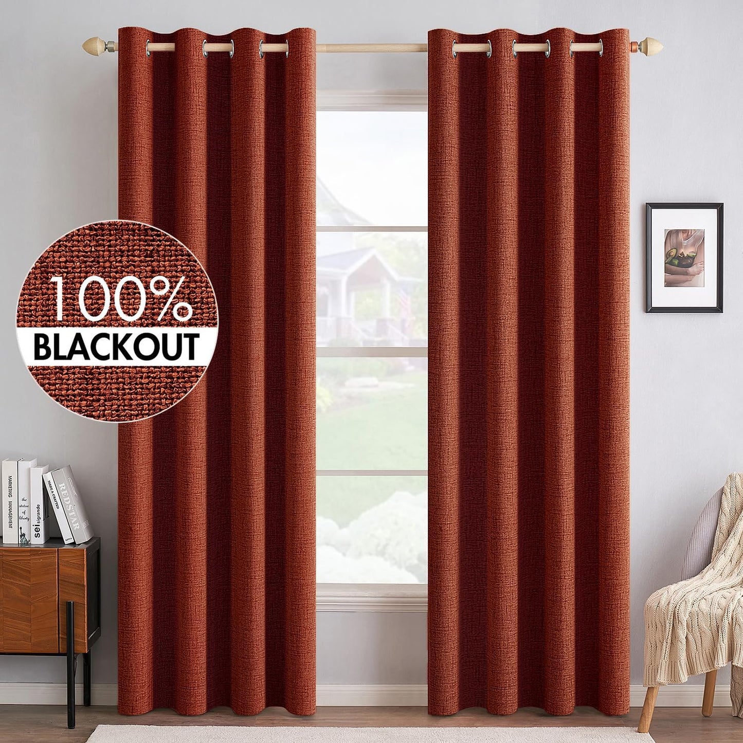 MIULEE Blackout Linen Curtains - 100% Thermal Insulated Burnt Orange Drapes | 52 x 90 Inch (2 Panels)