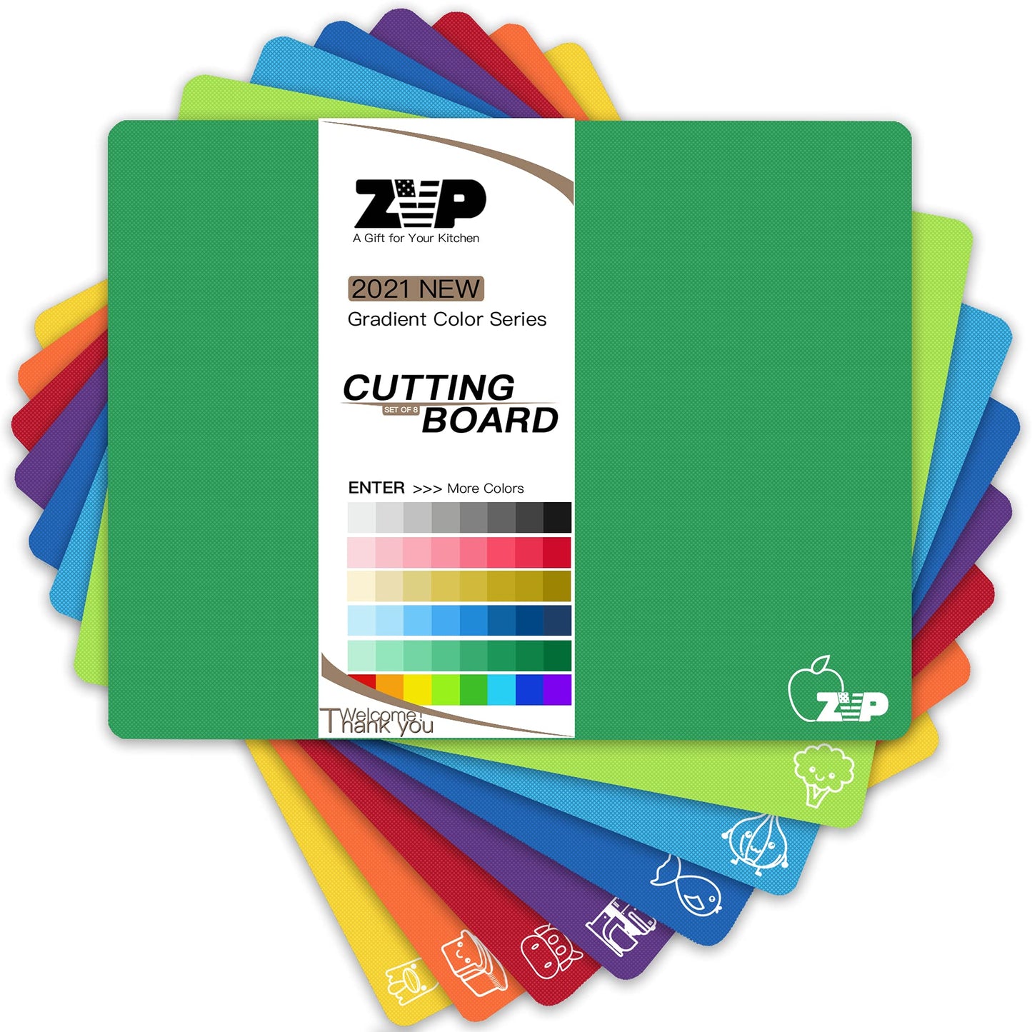 ZVP Plastic Cutting Boards for Kitchen, Flexible Cutting Mats, Colorful Chopping Boards with Food Icon, Non-Slip, Non Porous, BPA Free, Dishwasher Safe Rainbow
