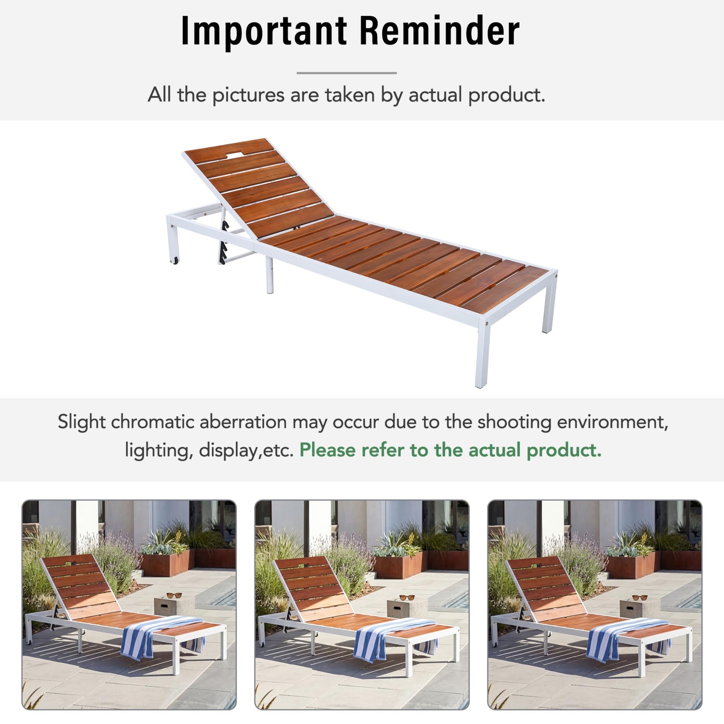 ApilithHive Outdoor Chaise Lounge with 6-Position Adjustable Backrest, Acacia Wood and Steel Frame, 78.7", 400 lbs Capacity, White and Brown