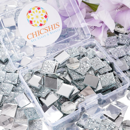CHICSHIS 1000g Real Mirror Glass Mosaic Tiles for DIY, Silver Textured Square Tiles (15mm) with Iridescent Glass Gems, Mixed Shapes Stained Glass Set for Mosaic Art & Home Décor Projects
