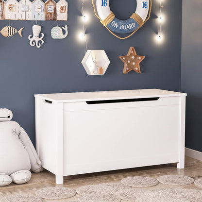 AOPNOMU Toy Box Storage Chest for Children, Kids Wooden Storage Organizer with Safety Hinged Lid Entryway Storage Bench Supports 210 lb Large Toys Storage Bin for Ages 3+, White