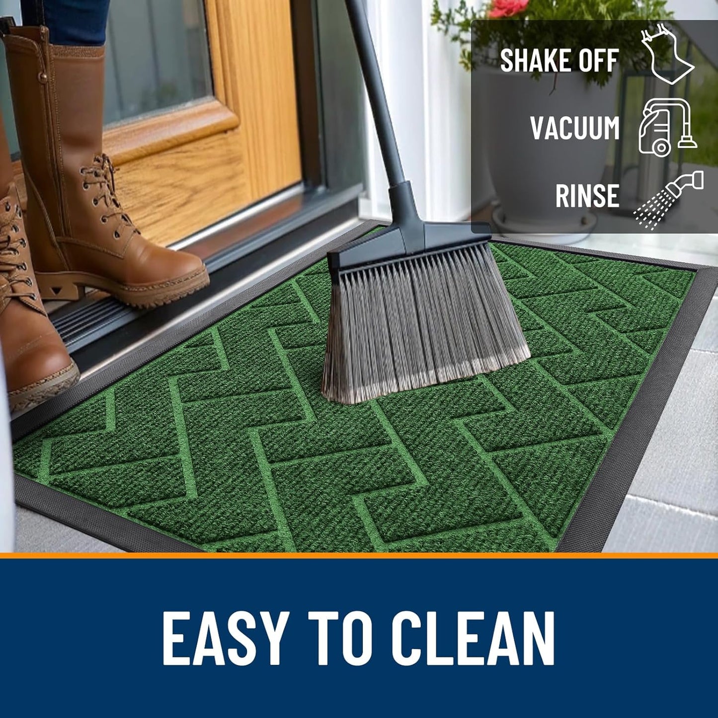 OLANLY Waterproof Front Door Mat - All-Season Indoor/Outdoor Doormat | Sturdy Natural Rubber, Herringbone Brick (Green, 71x23)