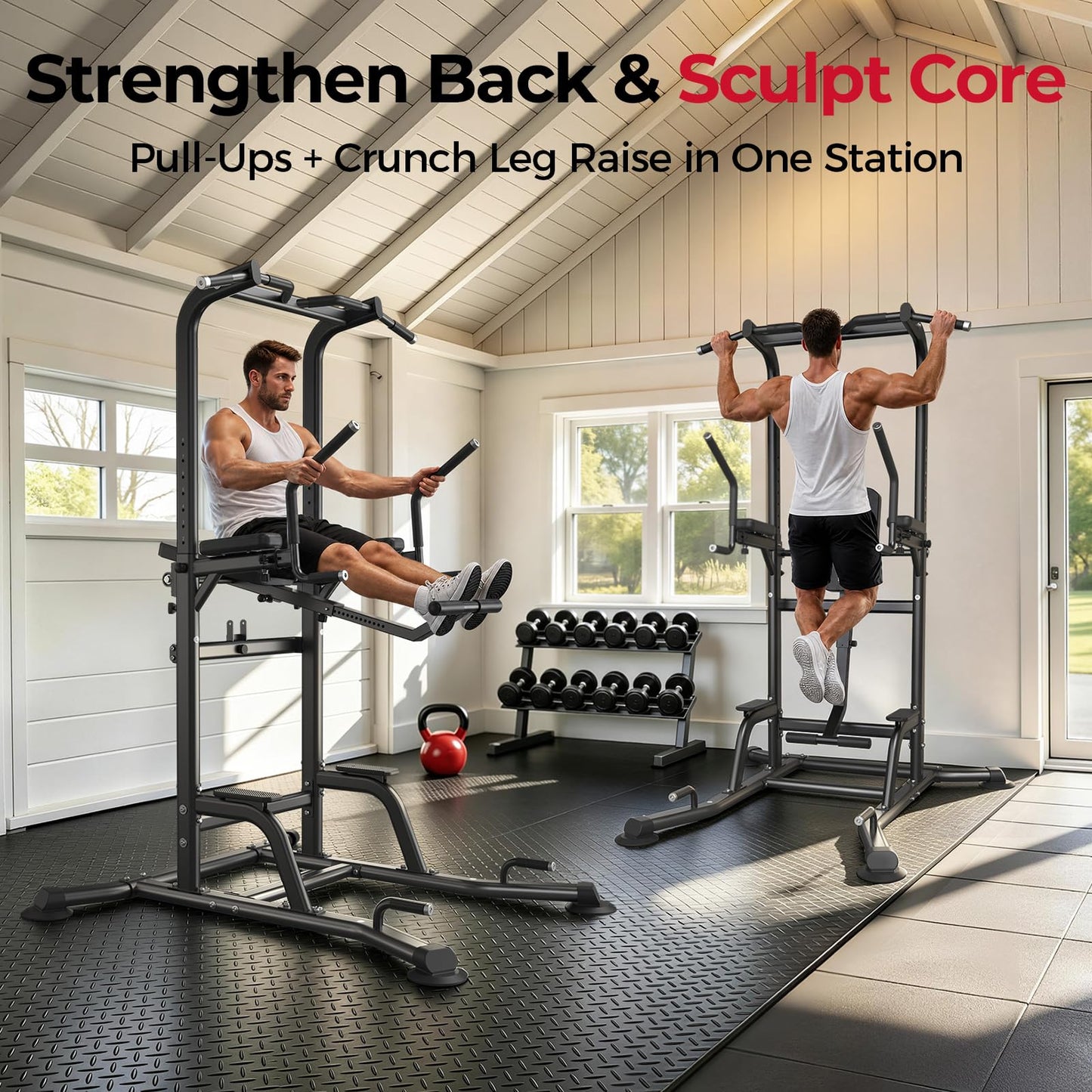FLYBIRD PT6 Heavy Duty Power Tower with Assisted Leg Raise, Multi-Function Pull Up Bar & Dip Station for Core and Ab Training, Home Gym Equipment, 800 LBS Capacity | FED Fitness