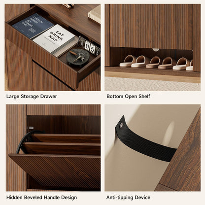 ONBRILL Large Shoe Cabinet with 2 Flip Drawers (3-Tier Each), 27-35 Pairs Shoe Organizer with Storage Drawer, 2 Doors & Open Shelf, 47.2'' Wide Shoe Storage Cabinet for Entryway Hallway (Walnut)