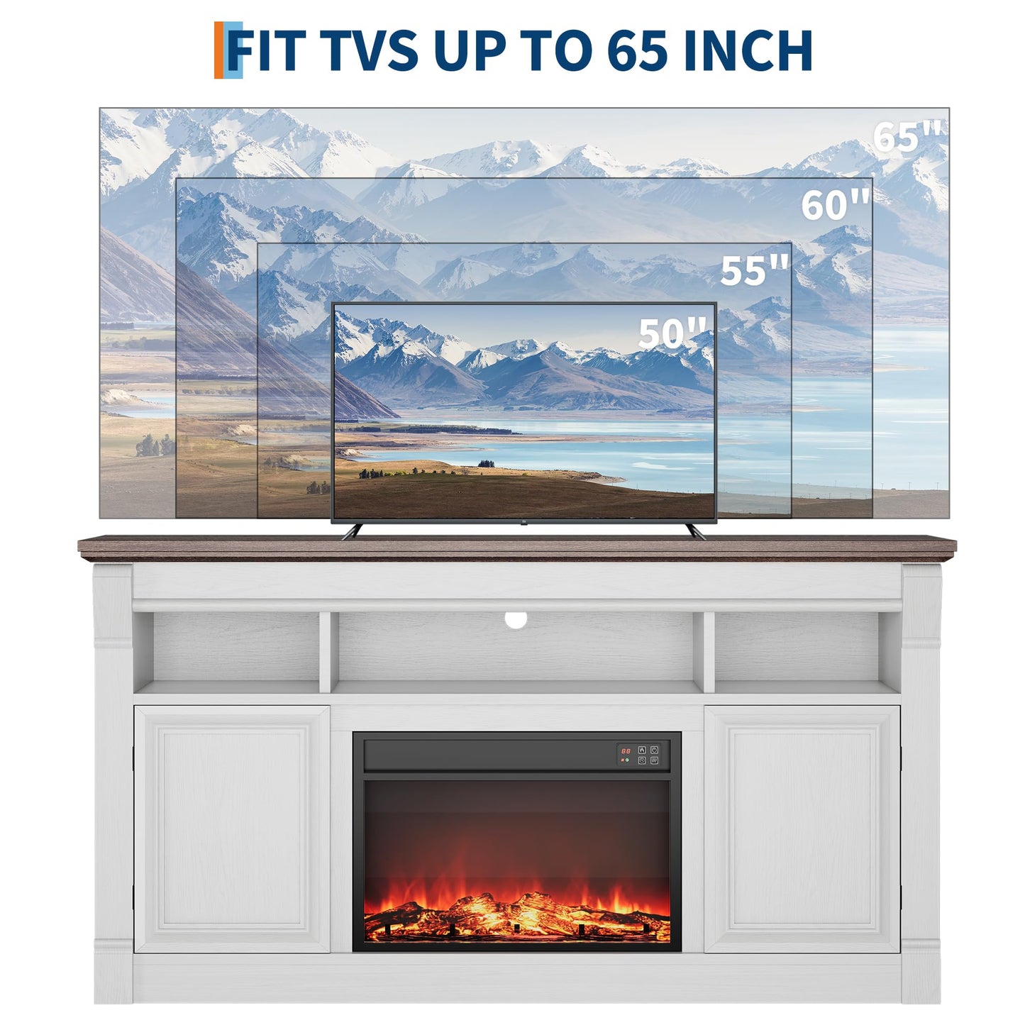 GarveeHome 58" Farmhouse Electric Fireplace TV Stand for TV Up to 65", Entertainment Center Console Table with Open Storage Shelves and Cabinets for Living Room