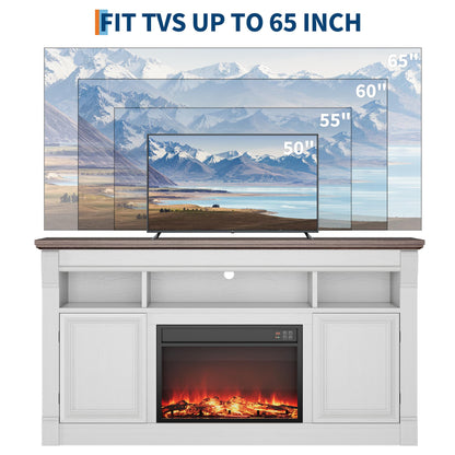 GarveeHome 58" Farmhouse Electric Fireplace TV Stand for TV Up to 65", Entertainment Center Console Table with Open Storage Shelves and Cabinets for Living Room