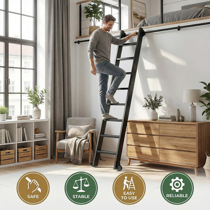 96" Rolling Library Metal Step Ladder, 8-Step Portable 330lb Heavy Duty Black Movable Ladder, 4FT Sliding Hardware Track Kit Bottom Wheel Included, for Kitchen, Loft, Warehouses and Bookstore