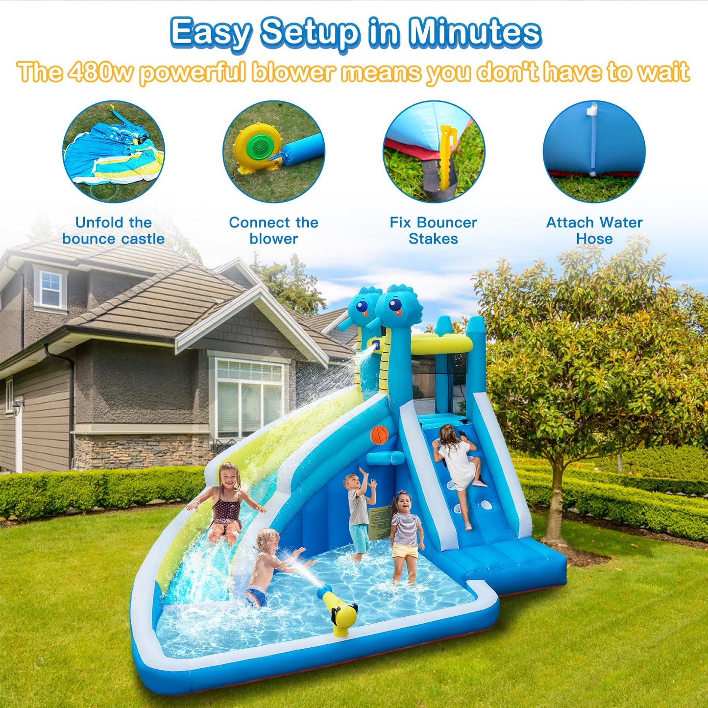 Seahorse Inflatable Water Slide for Kids Backyard | 5-in-1 Blow Up Splash Park with Climbing Wall, WaterSlide, Water Cannon, Basketball Hoop & 480W Blower| Indoor/Outdoor Toys for Ages 3+