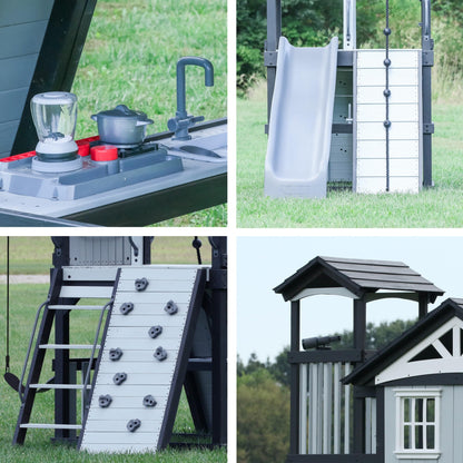 Backyard Discovery Whispering Point Light Gray Cedar Wood Swing Set with Wave Slide, Clubhouse, Crows Nest, Play Kitchen, Belt Swings, Web Swing, Rock Wall, Playhouse, Ladder, Windows, Outdoor Playset