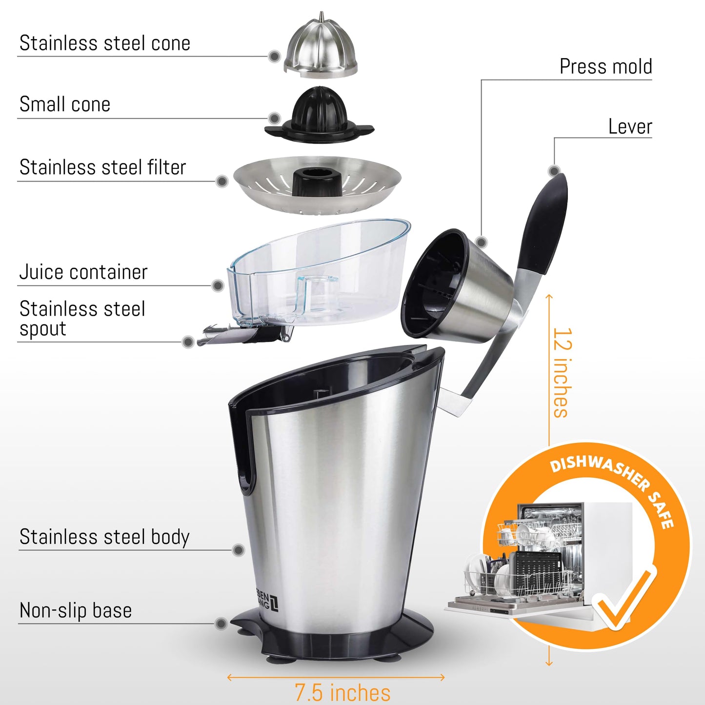 LEBENLANG Stainless Steel Electric Orange Juicer 600W I Incl. Stainless Steel Cone & BPA-Free | Electric Juicer Citrus Press Fruit Press I High Juice Yield for Oranges & Lemons