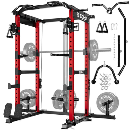 GOIMU RH01 Power Cage Rack, 2000LBS Squat Rack with with Cable Crossover System&LAT Pull Down System, Multi-Function Workout Cage for Home&Garage Gym (Red, RH01 Power Cage)