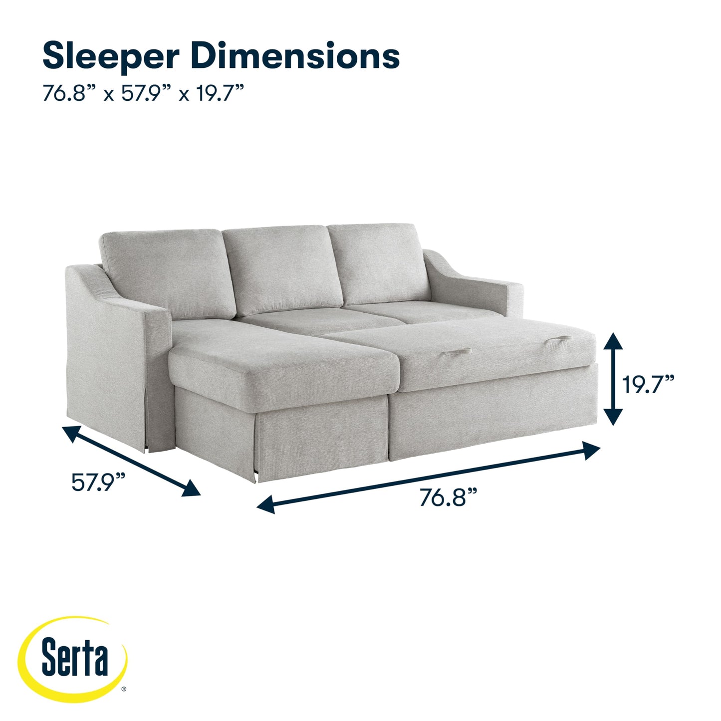 Serta Hawthorne 89.8" Slipcovered Convertible Sleeper Sofa Chaise, Queen Size, Dreamcoil Comfort, Reversible Storage Chaise, Polyester Tweed Fabric, Linen