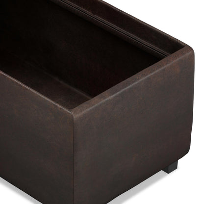 SIMPLIHOME Avalon Storage Ottoman - 42 inch Wide Upholstered Vegan Leather Rectangular Flip-Top Ottoman in Distressed Brown, Contemporary Coffee Table Ottoman for Living Room with Hidden Storage