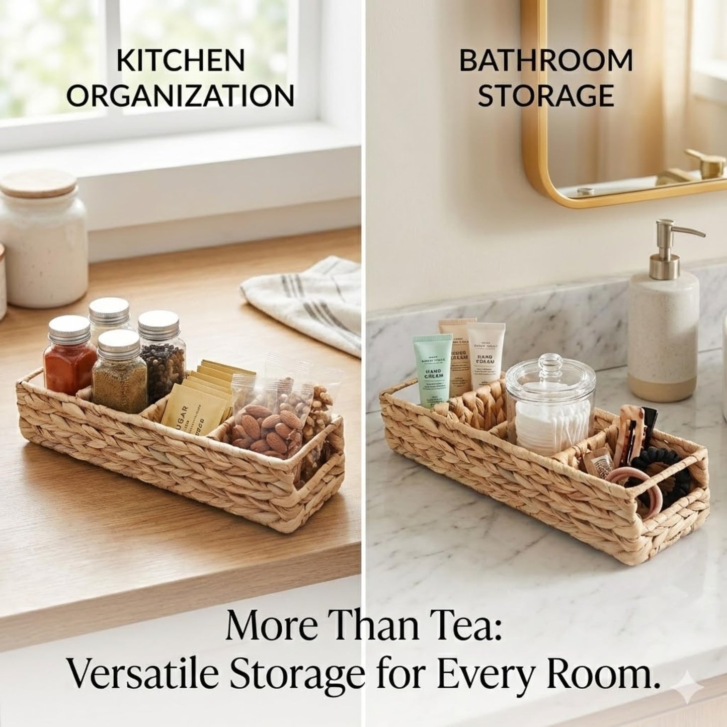 Tihoda Trovea Wicker Tea Organizer and Storage Box, 4-Compartment Water Hyacinth Tea Bag Holder for Tea Bar, Drawer, and Countertop Organization