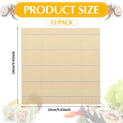 Hoolerry 12 Pcs Sushi Mat Bulk Bamboo Sushi Making Roller Non Stick Square Rolling Mat for Home Party Supplies, 9.5" x 9.5"
