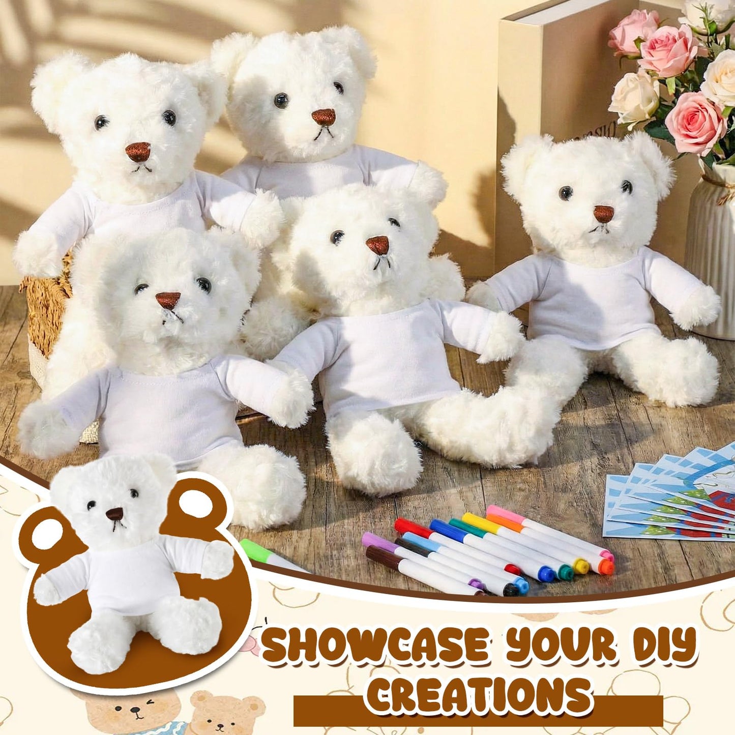 40 Pcs Make Your Own Stuffed Animal Bear Kit DIY 2026 Graduation Plush Gift 10 Pcs 9.84 Inches Rose Velvet Bear 10 White T Shirt 10 Set 12 Color Pen and Card for Graduates Party Craft Gift(White)