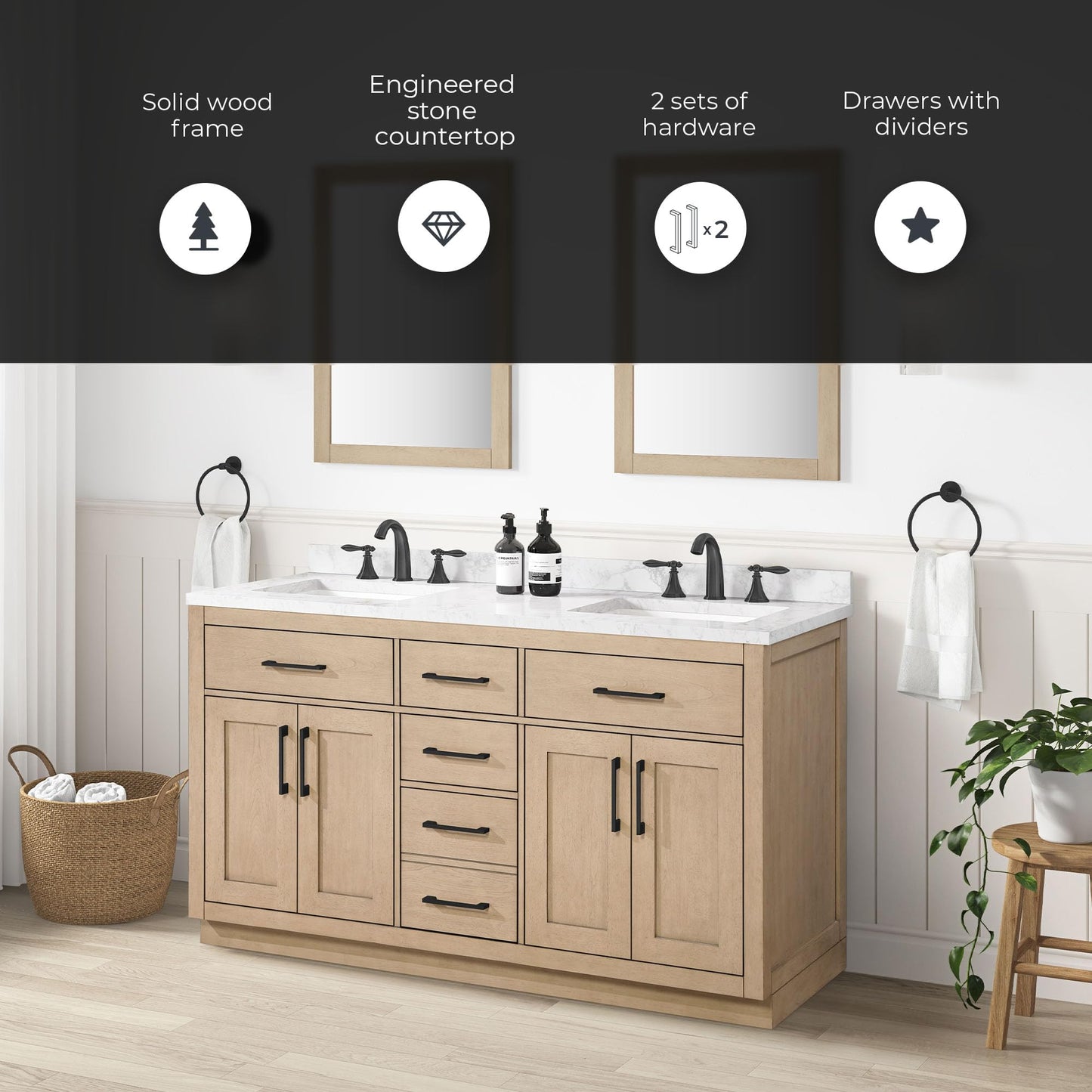 OVE Decors Athea 60 in. Double Sink Freestanding Sahara Birch Bathroom Vanity with White Engineered Marble Top, Matching Backsplash and Power Bar