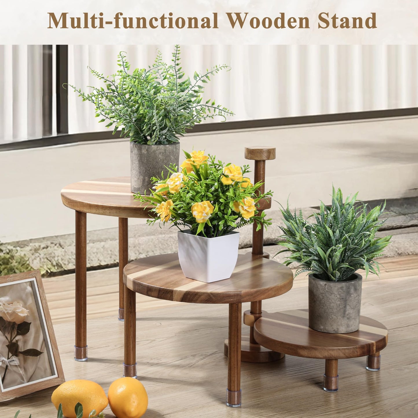 GEHE 3 Tier Round Cupcake Stand, 360° Rotatable Acacia Wood Cake Stand Cupcake Tower, Rustic Wooden Tiered Dessert Table Display Set, Tiered Tray Stands for Birthday, Wedding Party (12-10-8 IN)