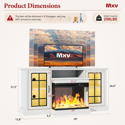 MXV 59'' Fireplace TV Stand, Farmhouse Entertainment Center with 3 Sided Glass TV Stand, Modern Media Console Table with Storage Drawers & Cabinets with LED Flame and Lights for Living Room, White