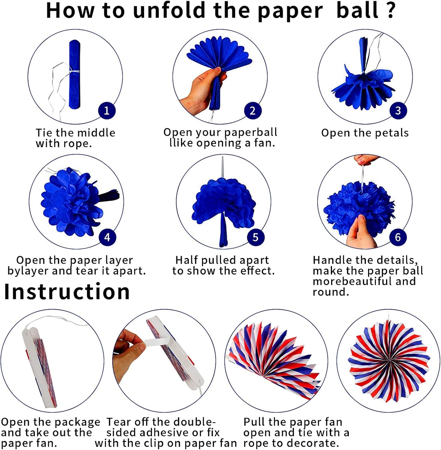 26Pcs 4th Patriotic Decorations of July Decorations LOVE USA Banner Red White Blue Paper Fans Star Streamer Pom Poms