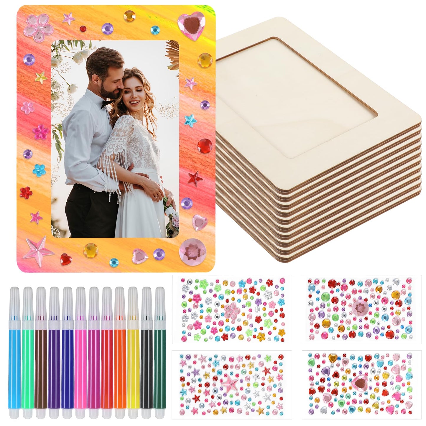 HOFURME 26 Pcs Unfinished Wooden Picture Frame Painting Craft Kit, 10 Pcs 4 x 6 Inch DIY Wooden Picture Frames with 12 Pcs Painting Color Pen and 4 Sheets Crystal Diamond Stickers for DIY Craft