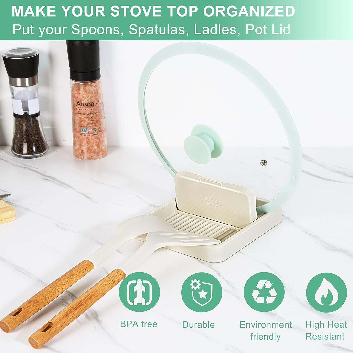 Spoon Rest with Pot Lid Holder for Stove Top, Kitchen Counter Spoon Holder, Neat & Drip-Free for Cooking or Eating