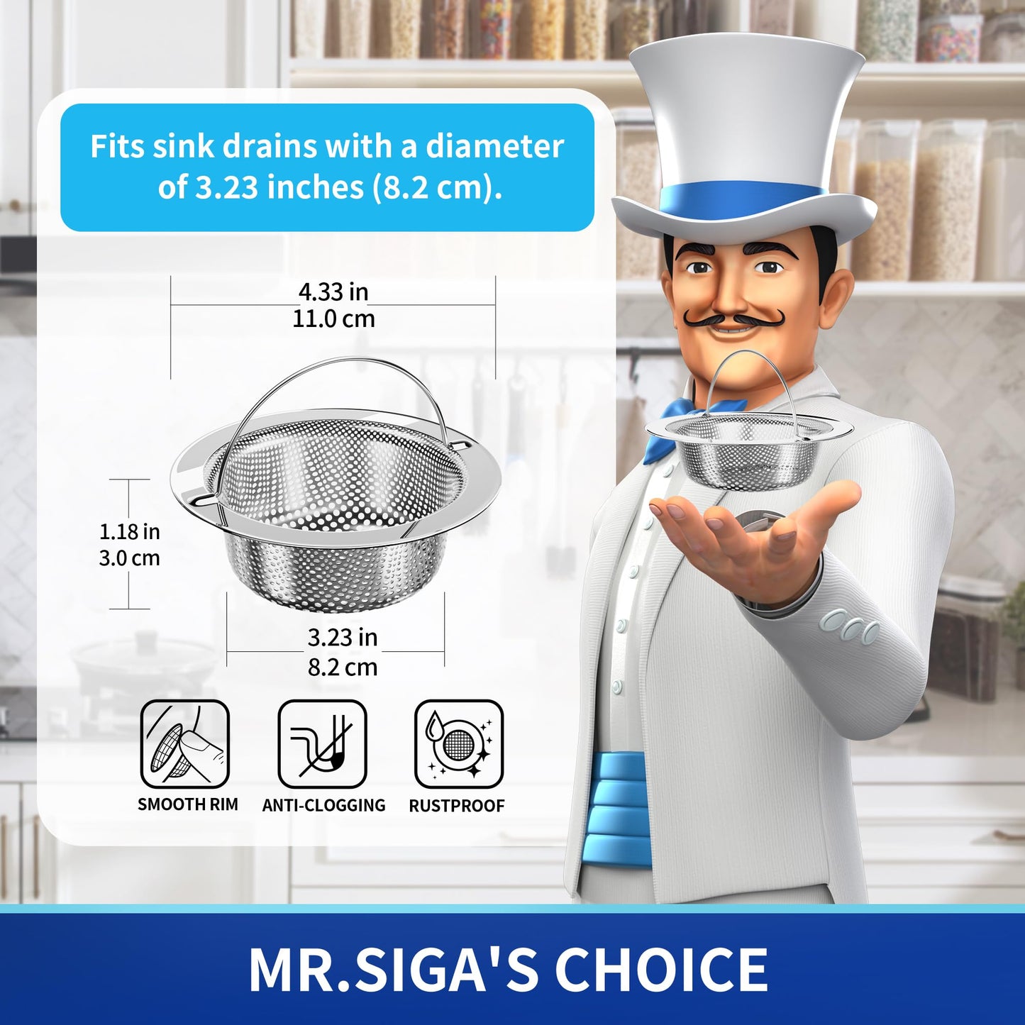 MR.SIGA Kitchen Sink Strainer, Stainless Steel Sink Drain Strainer, Dishwasher Safe, 2 Pack