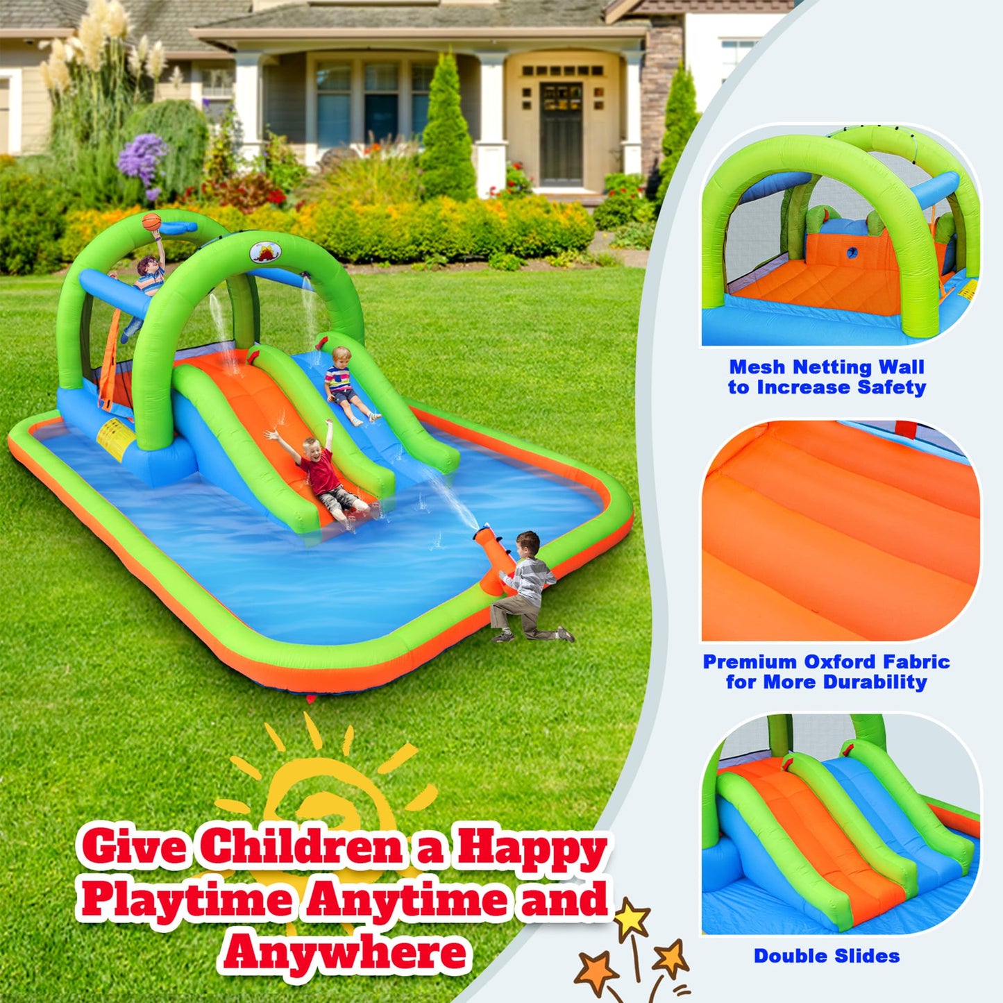 WELLFUNTIME Inflatable 2-in-1 Water Slide Bouncy Castle with Blower, Jumping House with Double Slide & Basketball Ring for Kids, Jumping Area for 3 Kids