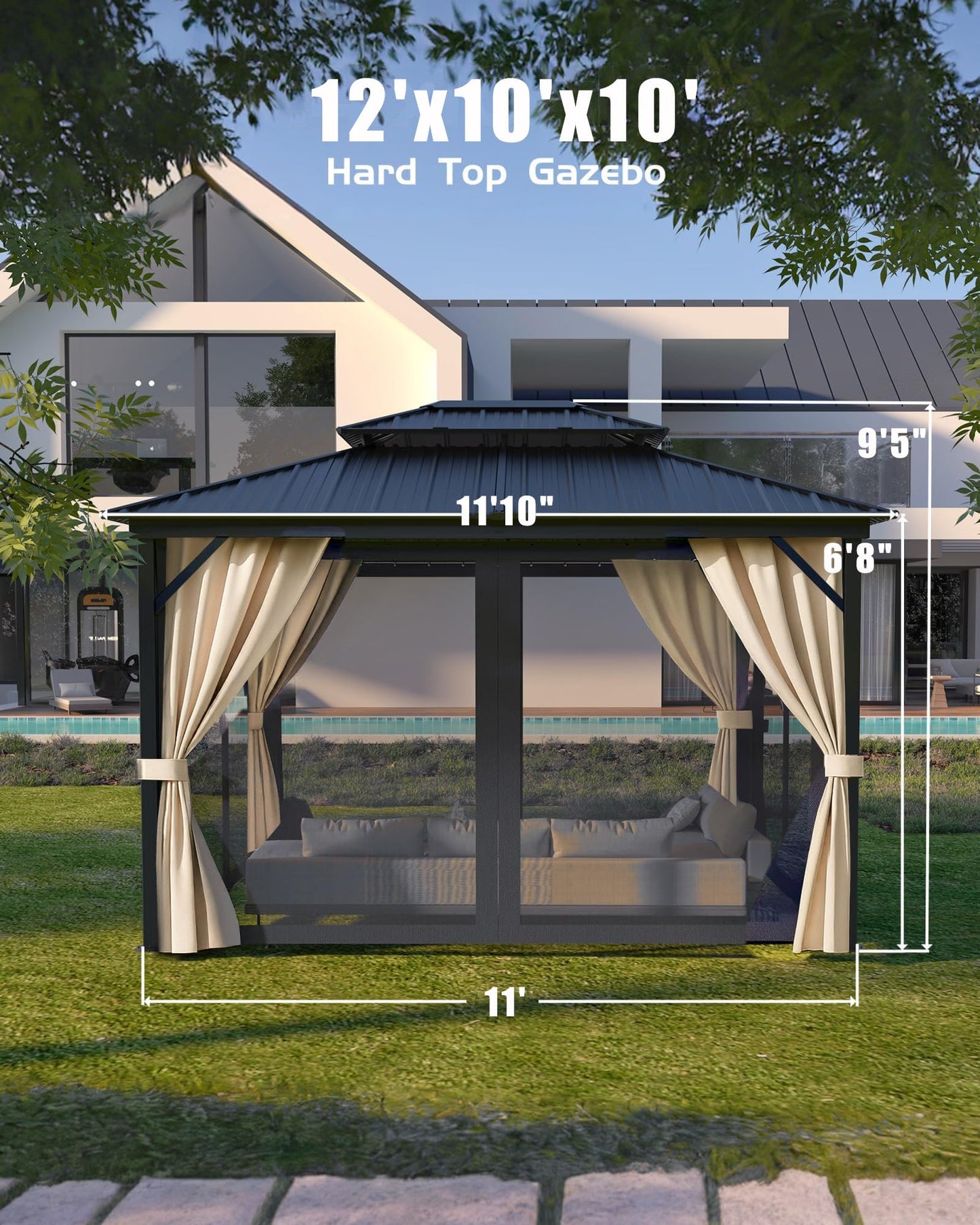 GarveeLife 10 ft x12 ft Hardtop Gazebo for All Weather, with Double Metal Roof, Aluminum Alloy Frame, Net, and Curtain, Permanent Building for Patio, Deck, Backyard, Lawn, and Garden
