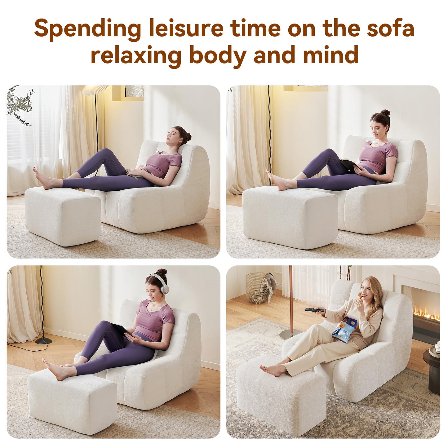 Bean Bag Chair With Footrest,Integrated Sponge Lounge Chair,Comfortable Bean Bag Sofa with Backrest, Faux FurBeanBagChair forAdultsandKids, Ideal for Bedrooms,Living Rooms,and Apartments(White)