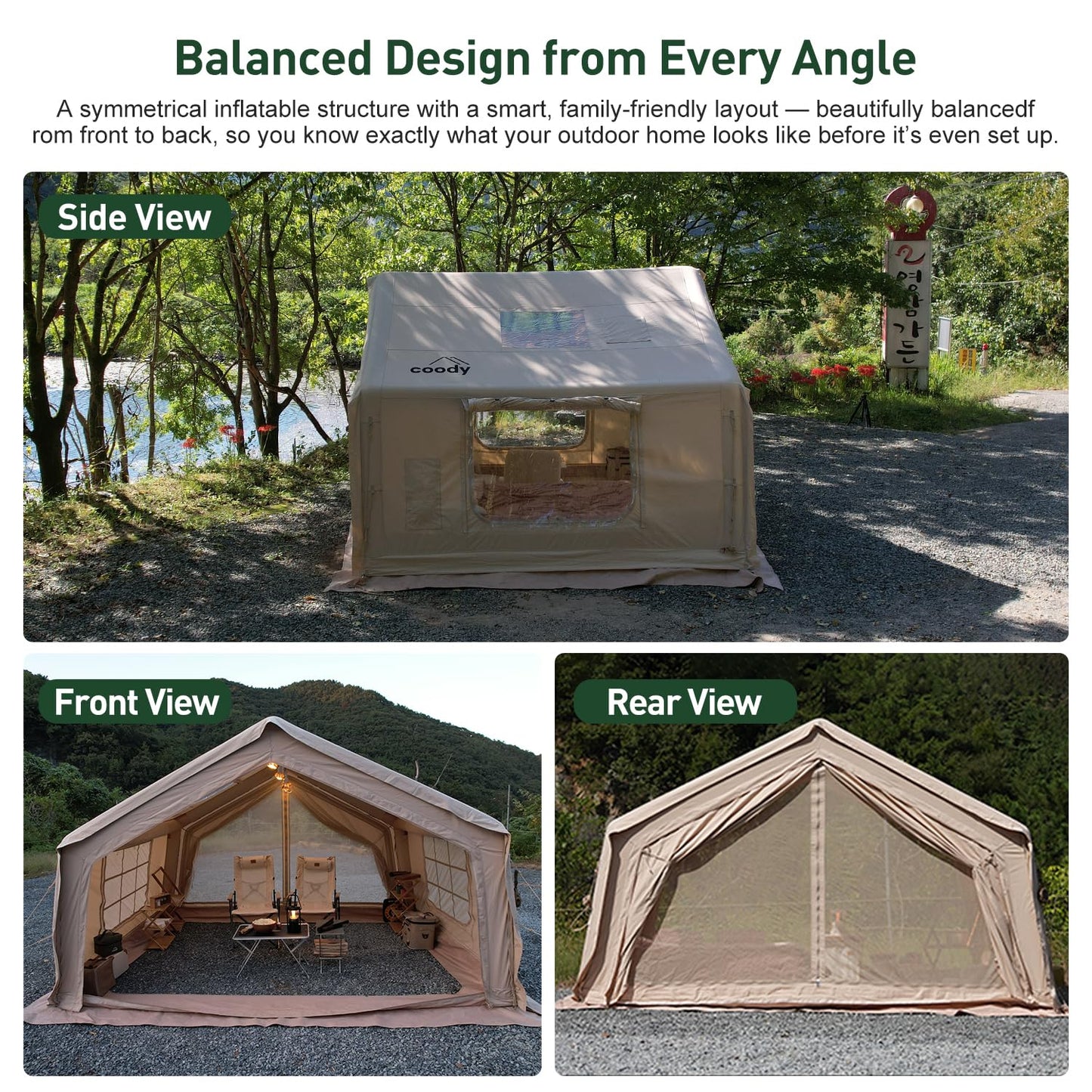 Coody 10.0 Inflatable Canvas Camping Tent for 2–4 People – Premium Air Beam Glamping Tent with Stove Jack, Breathable TC Cotton Canvas, Fast Setup Inflatable Family Tent with Pump, Beige