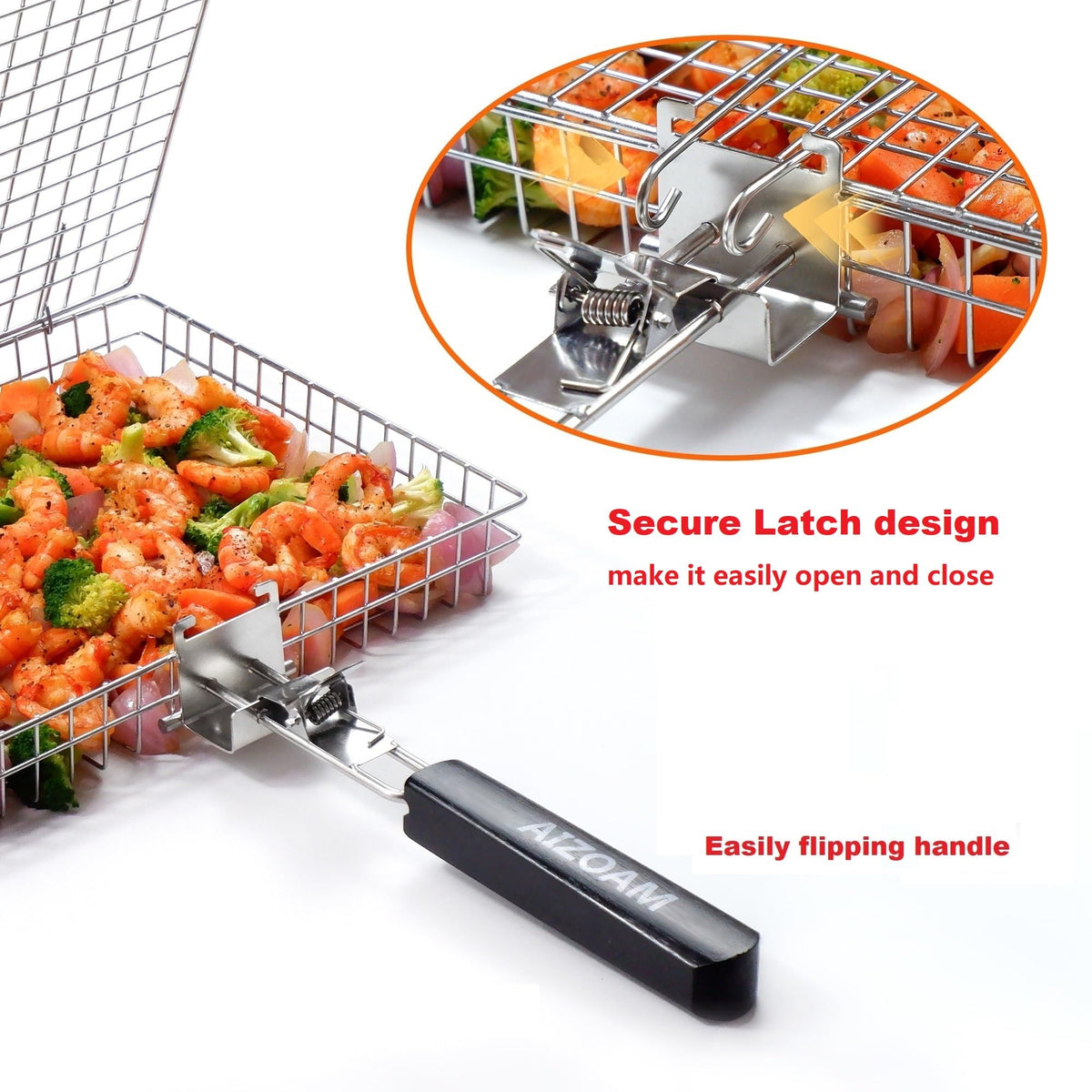 AIZOAM Grill Basket - Grill Baskets for Outdoor Grill, Stainless Steel Large Grilling Basket w Removable Handle, Portable Fish Grilling Rack for Grill Ideal Meat Fish Vegetables Grilling Accessories
