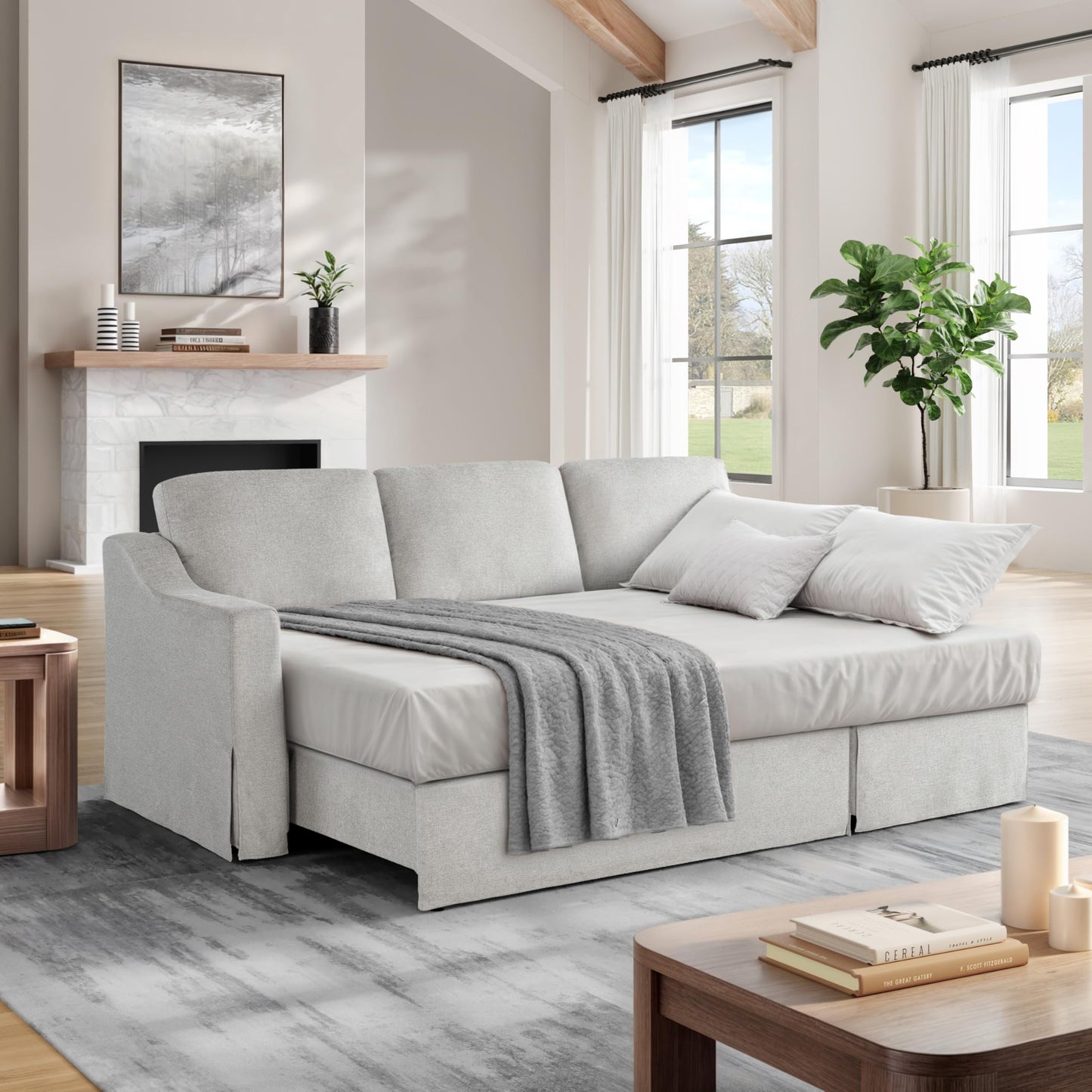 Serta Hawthorne 89.8" Slipcovered Convertible Sleeper Sofa Chaise, Queen Size, Dreamcoil Comfort, Reversible Storage Chaise, Polyester Tweed Fabric, Linen
