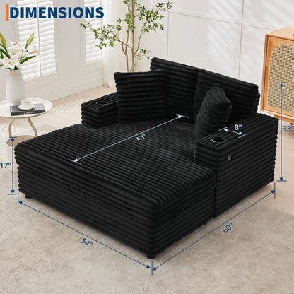 Garvee 60" Oversized Chaise Lounge Chair Indoor, Corduroy Upholstered Sleeper Sofa Bed w/Cup Holder & Charging Port, Cloud Couch Sofa Chair w/Throw Pillows & Wide Arms for Living Room, Bedroom,Black