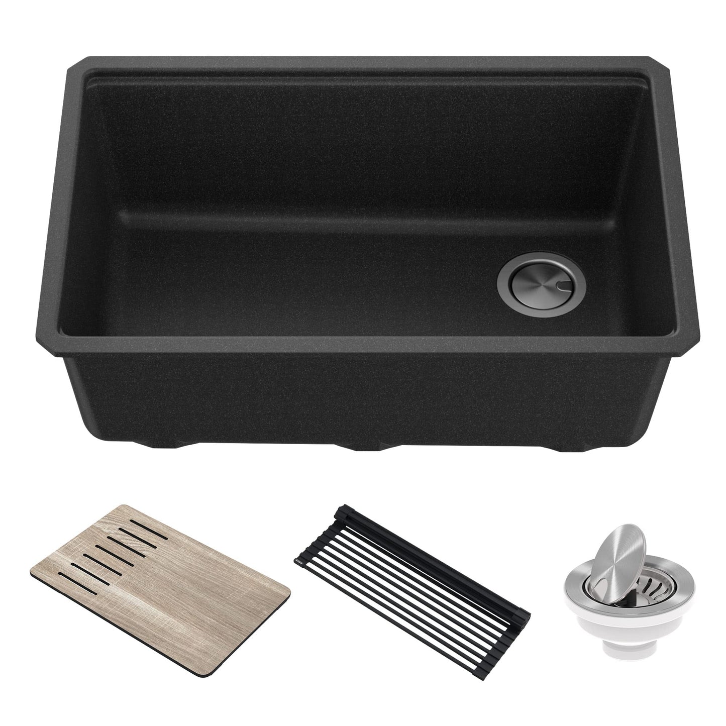 KRAUS Bellucci 30” in. Undermount Workstation Granite Kitchen Sink in Metallic Black with Accessories, KGUW2-30MBL