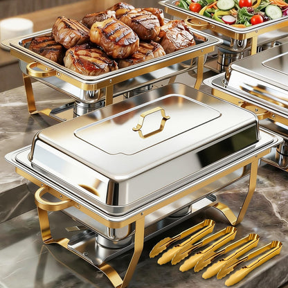 ALSO GO Chafing Dishes for Buffet, Rectangular Chafing Dish Set with 4 Serving Tongs, 9QT 4 Pack Gold Chafing Dishes for Buffet, Party, Gatherings, Banquets, Weddings