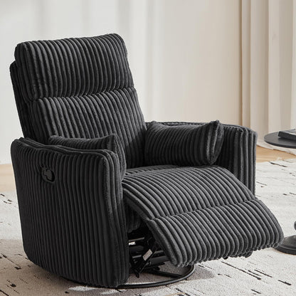 LINSY 360 Swivel Recliner Chair, Nursery Glider Rocking Chair with 2 Pillows, Corduroy Nursing Chair Comfy High Back Adult Rocker Recliner for Small Spaces, Nursery Bedroom Living Room (Black)