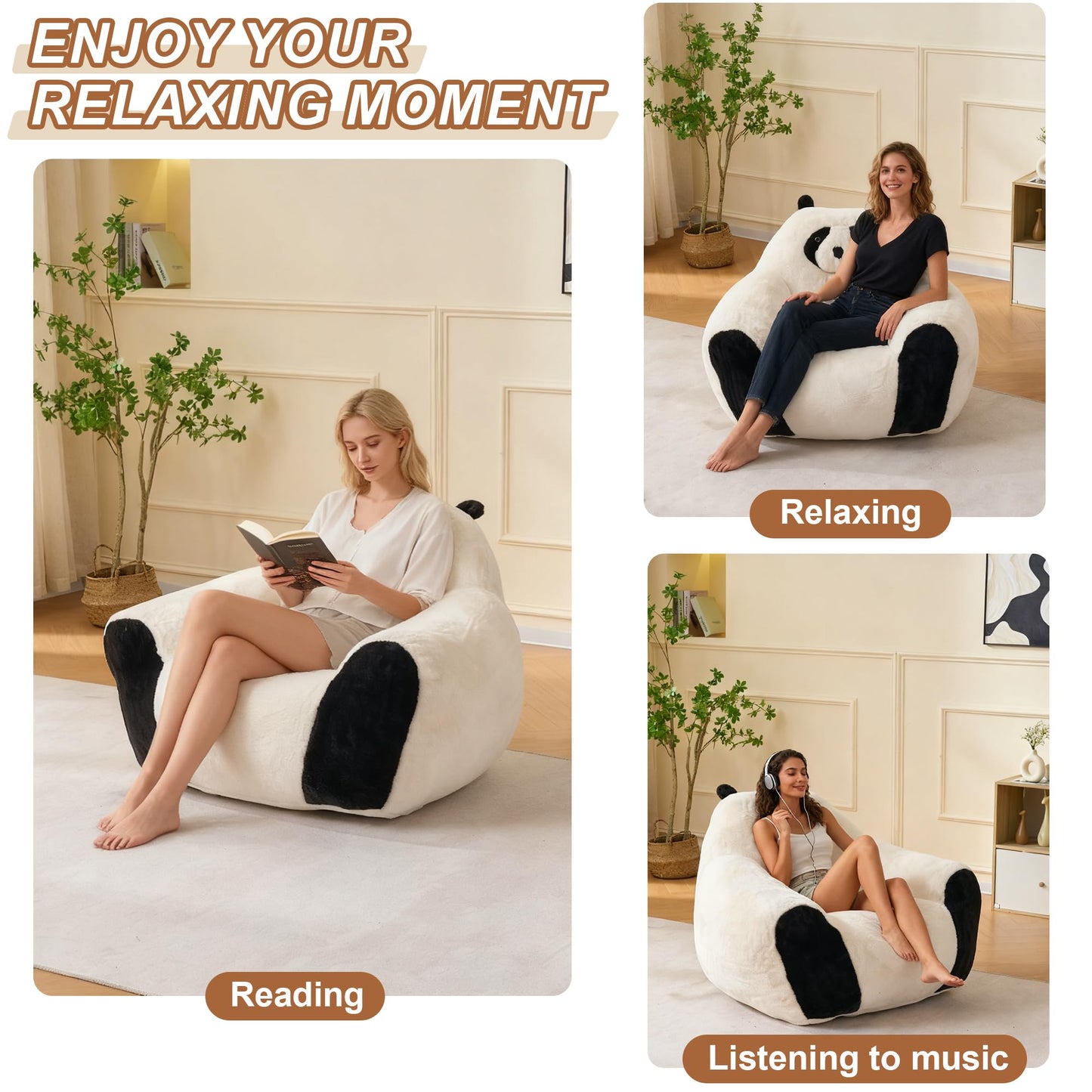 Giant Bean Bag Chair for Adults Kids, 2 PCS Large Bean Chairs with Filler, Panda Design Floor Chairs, Plush Lazy Sofa with Faux Rabbit Fur Cover, Faux Fur Cover, Adult Bean Bag Couches for Bedroom