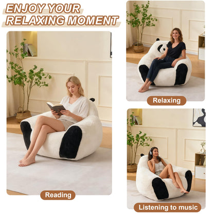 Giant Bean Bag Chair for Adults Kids, 2 PCS Large Bean Chairs with Filler, Panda Design Floor Chairs, Plush Lazy Sofa with Faux Rabbit Fur Cover, Faux Fur Cover, Adult Bean Bag Couches for Bedroom