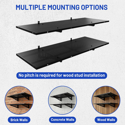ZONEGRACE 4-Pack 1.5x4ft Garage Wall Mount Shelves, 1000 Lbs Heavy Duty Wall Shelving, Metal Organizer Rack For Garage Wall Storage Systems With Complete Install Kit & Hooks, Black