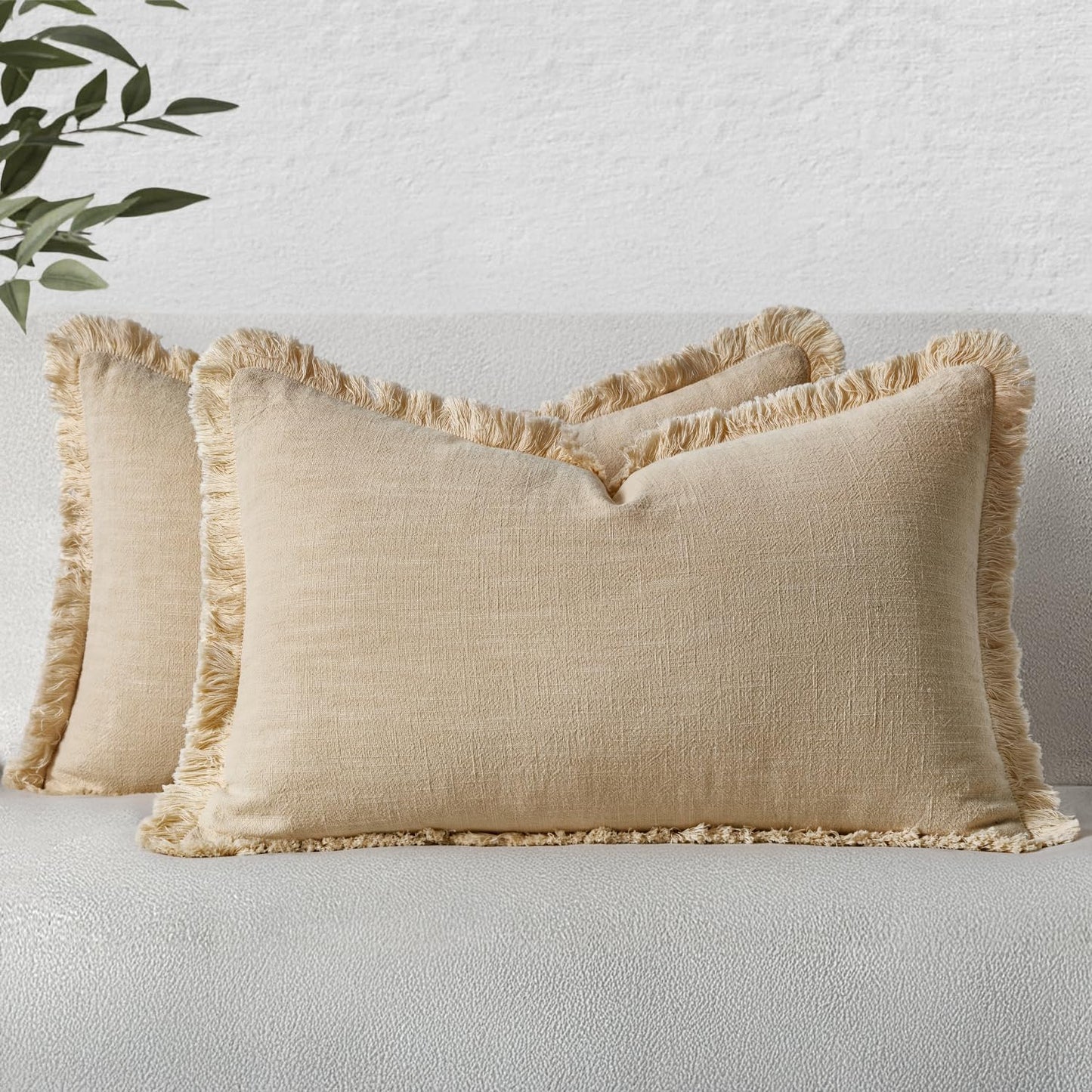 MIULEE Christmas Decorative Throw Pillow Covers Neutral Linen Fringe Fall Throw Pillows Set of 2 Natural Beige Boho Farmhouse Cushion Covers with Tassels for Couch Sofa Bed Home Decor 20x20 Inch