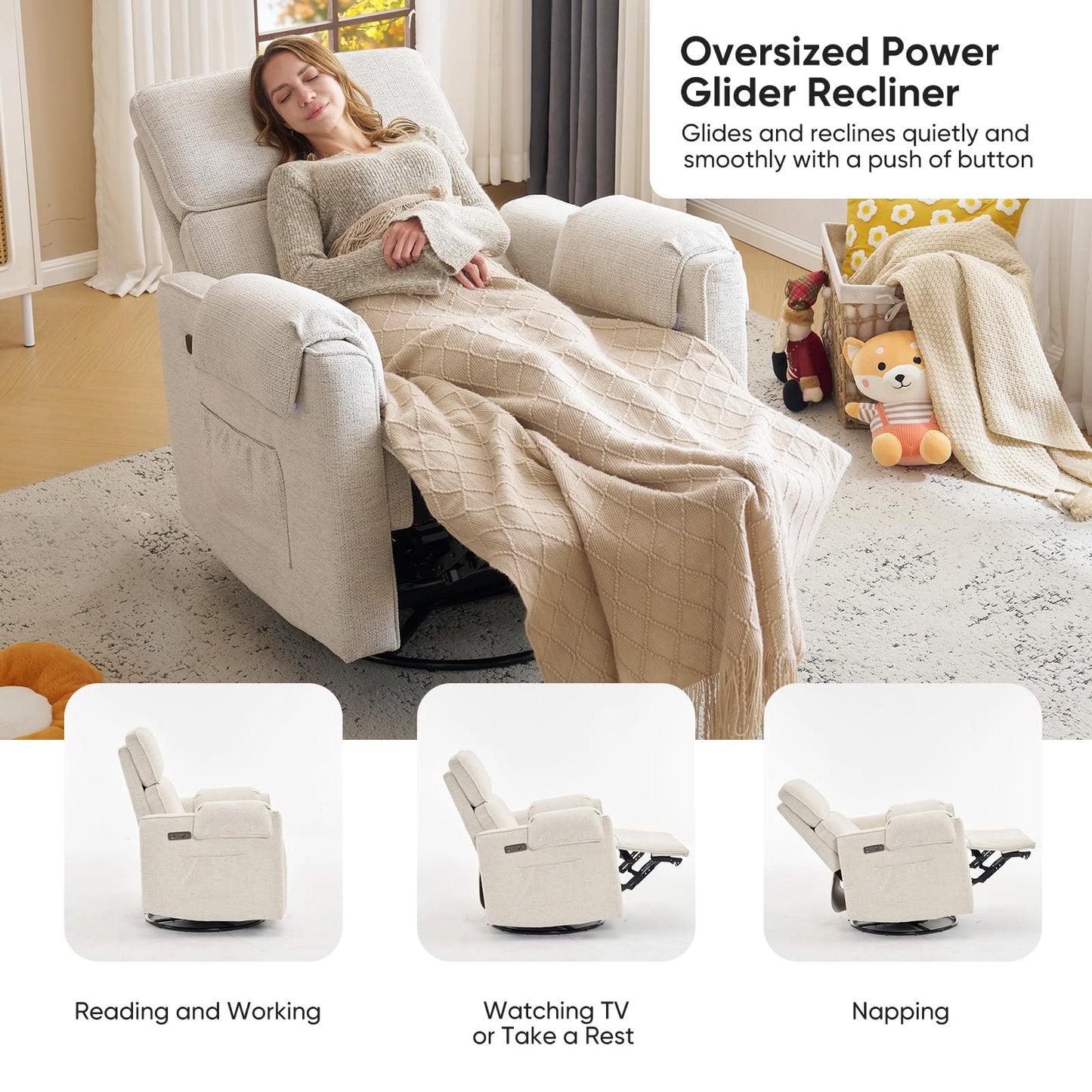 Rhevoy Oversized Power Recliner Chair, 26" Extra Wide Swivel Rocker Recliner with Adjustable Headrest, Chenille Glider Rocking Nursery Chair with Overstuffed Armrest, USB Ports, White
