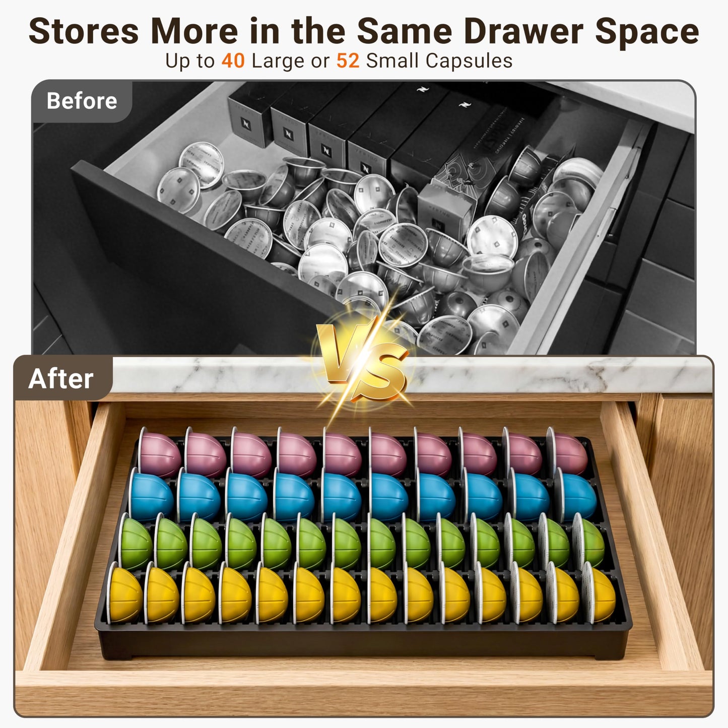 EVERIE Drawer Coffee Pod Organizer for Vertuo Capsules – Holds Up to 40 Large or 52 Small Pods, Space-Saving Insert Tray, Fits Kitchen Cabinets, 15.4" x 10.2" x 1.2"