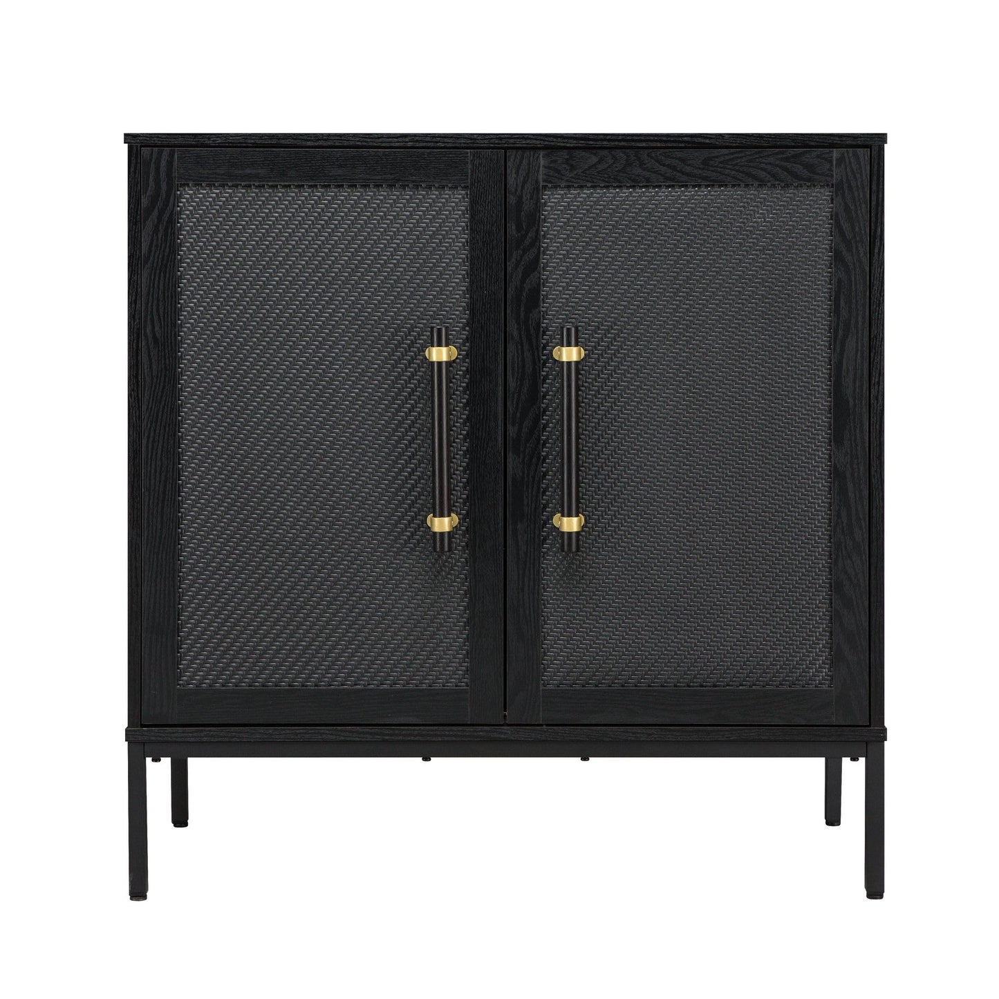 Hopper Studio Sophia 2-Door Accent Cabinet, Black Finish with Rattan Doors & Wood/Brass Handles, Adjustable Shelf, Aluminum Legs, Mid-Century Modern Storage for Luxury Living Room, Kitchen, Entryway