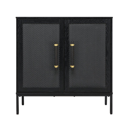 Hopper Studio Sophia 2-Door Accent Cabinet, Black Finish with Rattan Doors & Wood/Brass Handles, Adjustable Shelf, Aluminum Legs, Mid-Century Modern Storage for Luxury Living Room, Kitchen, Entryway